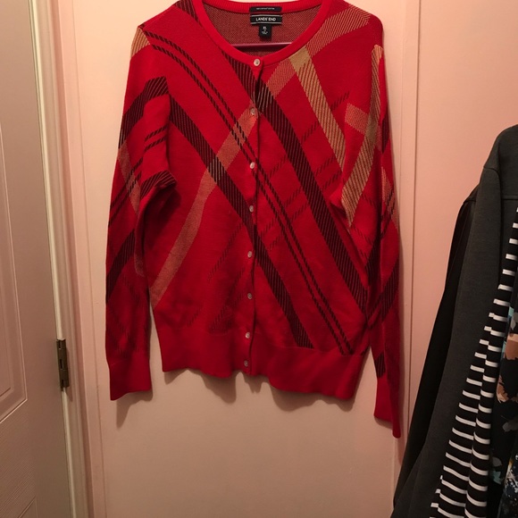 Land’s End Red Patterned Supima Cotton Cardigan - Picture 2 of 8